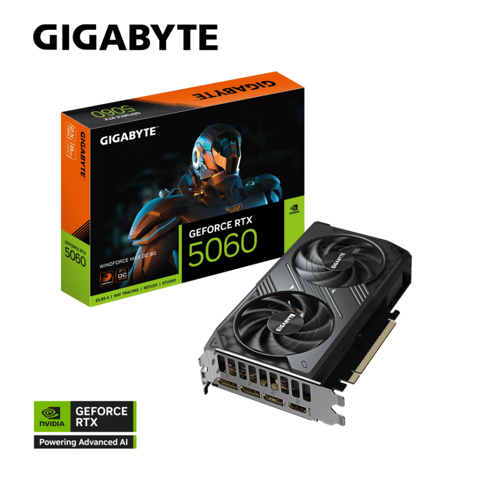 GIGABYTE GV-N5060WF2MAX OC-8GD, RTX5060, WINDFORCE MAX OC, 8Gb, GDDR7, 128BIT, 2 Fanlı, 1xHDMI, 3xDP, GAMING Ekran KARTI