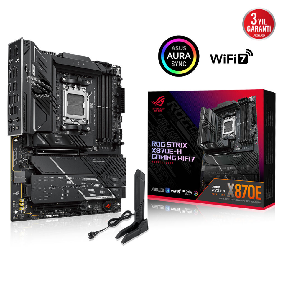 ASUS ROG STRIX X870E-H GAMING WIFI7, 4xDDR5, 4xM.2, DP, HDMI, Type-C, PCIe 5.0, Wi-Fi 7, Bluetooth v5.4, AM5 Soket GAMING Anakart