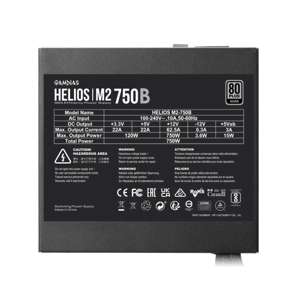 GAMDIAS HELIOS M2-750B, 750W, 80+ Silver, Aktif PFC, GAMING, ATX, Power Supply (PSU)
