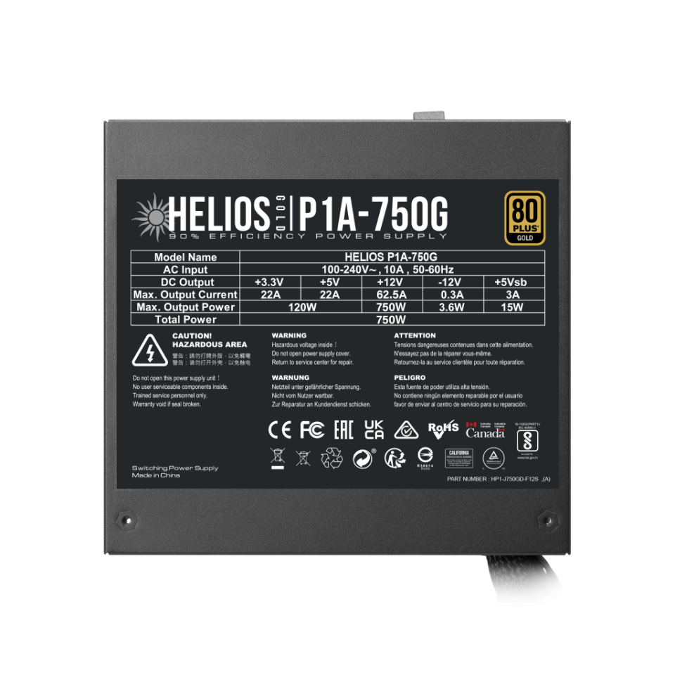 GAMDIAS HELIOS P1A-750G, 750W, 80+ Gold, Aktif PFC, GAMING, ATX, Power Supply (PSU)