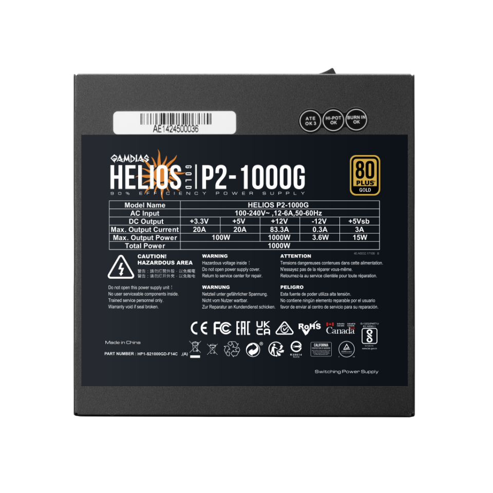 GAMDIAS HELIOS P2-1000G, 1000W, 80+ Gold, Full Modüler, Aktif PFC, GAMING, ATX, Power Supply (PSU)
