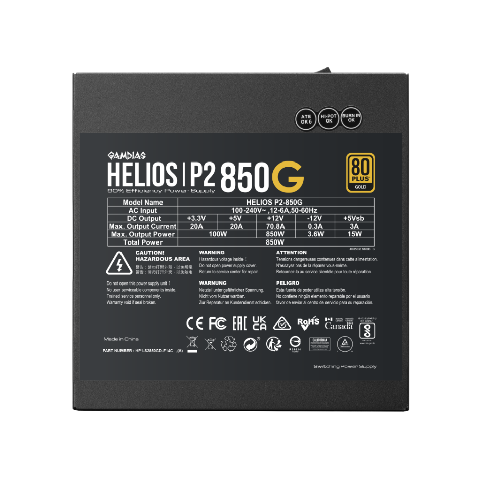 GAMDIAS HELIOS P2-850G, 850W, 80+ Gold, Full Modüler, Aktif PFC, GAMING, ATX, Power Supply (PSU)