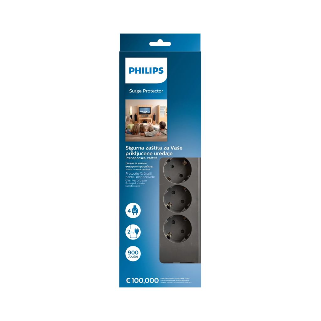 PHILIPS SPN3140A/62, 4 Soket, Akım Korumalı Priz, 900 Joules, 2Mt Kablo, (Gri)