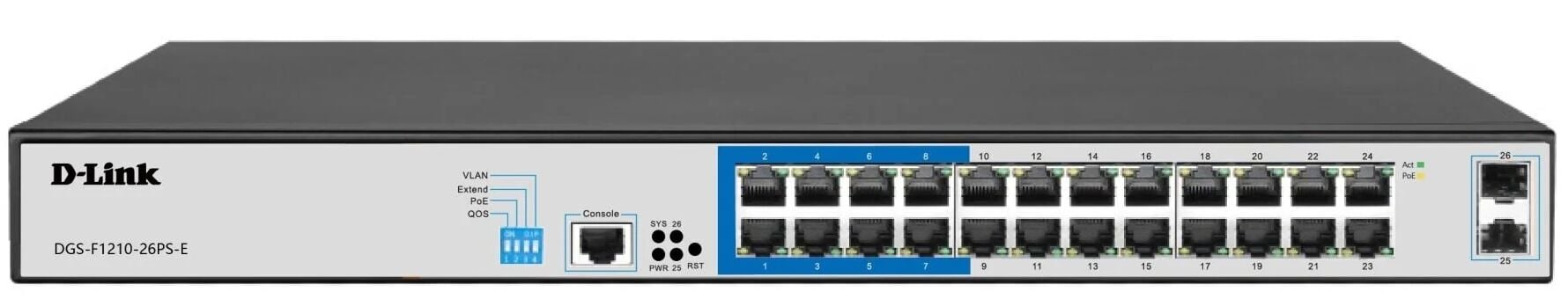 D-Link DGS-F1210-26PS-E 26 PORT 10/100/1000 Base-T Long Range 250m POE+ Surveillance 250W SMART SWİTCH