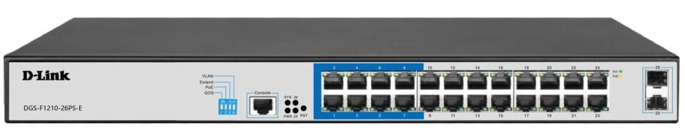 D-Link DGS-F1210-26PS-E 26 PORT 10/100/1000 Base-T Long Range 250m POE+ Surveillance 250W SMART SWİTCH