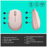 LOGITECH 910-006865, M171 Rose, USB Nano 2,4G Kablosuz, 1000dpi, Optik, 3 Tuşlu, 12ay Pil Ömrü, Mouse