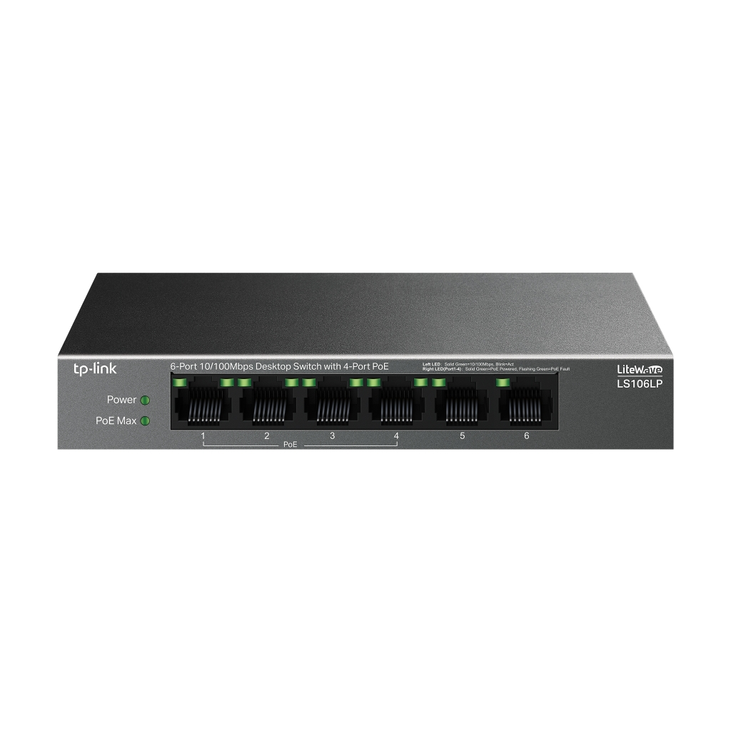 TP-LINK LS106LP, Green Tech, 6 Port, MegaBit, 4 Port PoE 41W, Metal Kasa, Yönetilemez, Masaüstü Switch
