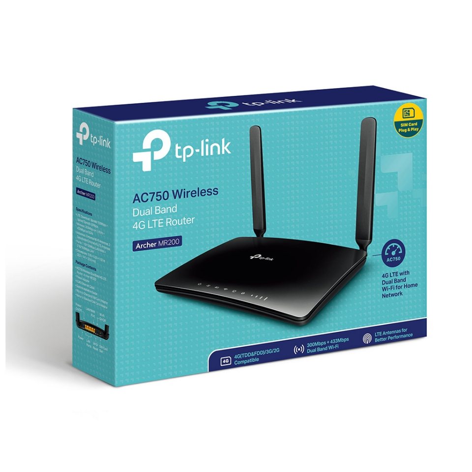 TP-LINK ARCHER MR200, AC750, 4Port, 750Mbps, Dual Band WiFi, Masaüstü, LTE Micro Sim Kart Takılabilir 3G-4G Destekli Router