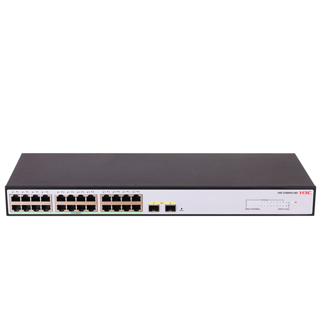H3C S1600V2-26S , 24 Port, GigaBit, PoE 370W, L2, 2 Port GigaBit SFP, Web Yönetilebilir, Masaüstü Switch