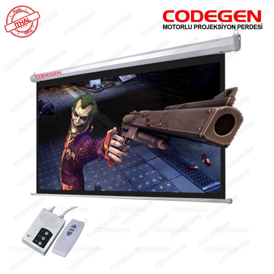 Codegen EX-20 MOTORLU PROJEKSİYON PERDESİ 200x200 Elektrikli Uzaktan Kumandalı (Arkası Siyah Fonlu - Duvar/Tavan Asılabilir)