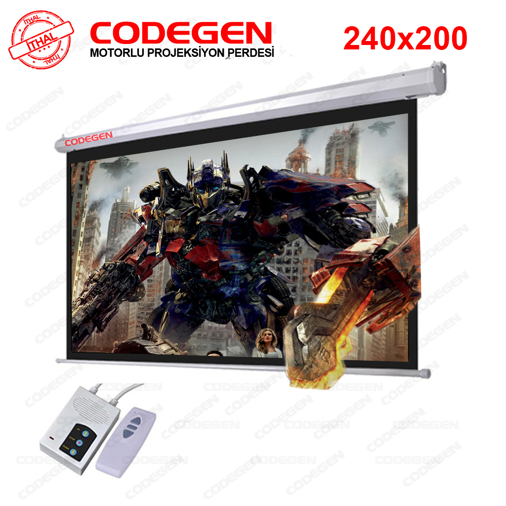 Codegen EX-24 MOTORLU PROJEKSİYON PERDESİ 240x200 Elektrikli Uzaktan Kumandalı (Arkası Siyah Fonlu - Duvar/Tavan Asılabilir)
