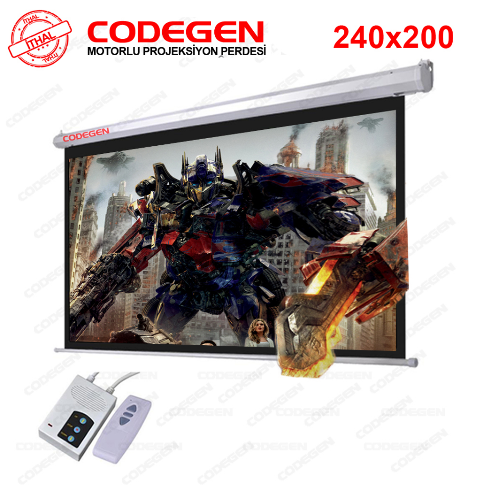 Codegen EX-24 MOTORLU PROJEKSİYON PERDESİ 240x200 Elektrikli Uzaktan Kumandalı (Arkası Siyah Fonlu - Duvar/Tavan Asılabilir)