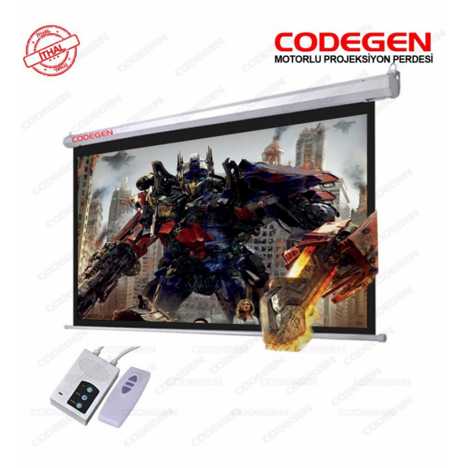 Codegen EX-24 MOTORLU PROJEKSİYON PERDESİ 240x200 Elektrikli Uzaktan Kumandalı (Arkası Siyah Fonlu - Duvar/Tavan Asılabilir)