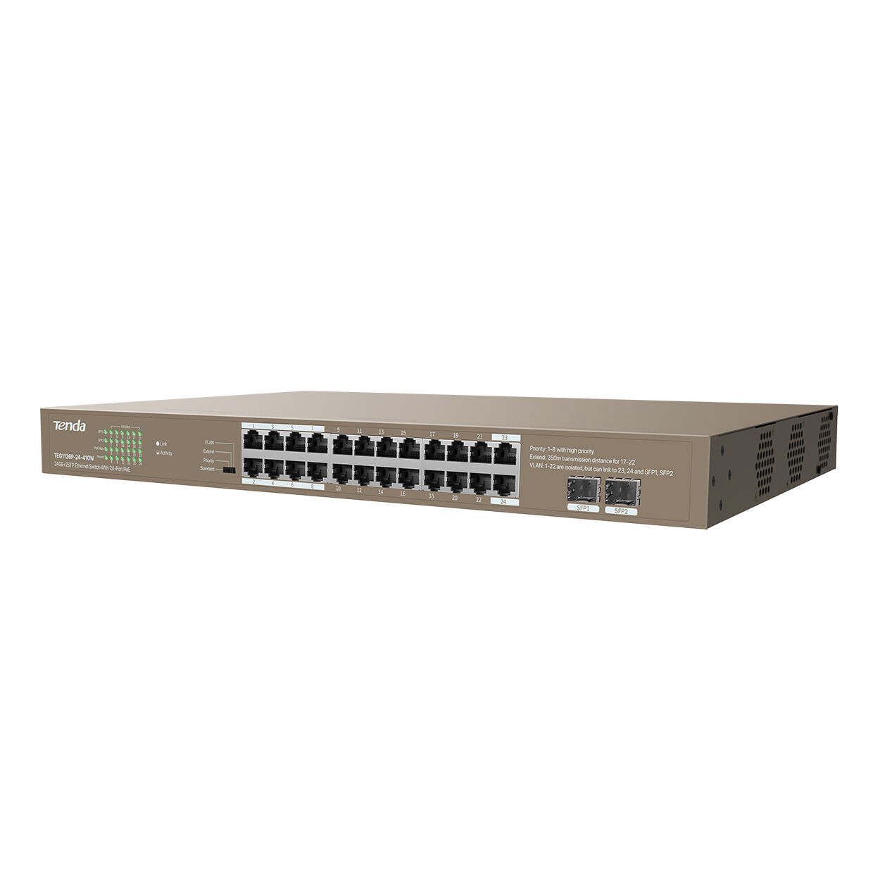 TENDA TEG1126P-24-410W 24 PORT 10/100/1000 POE 2 X SFP 410W YONETILEMEZ RACK MOUNT SWITCH