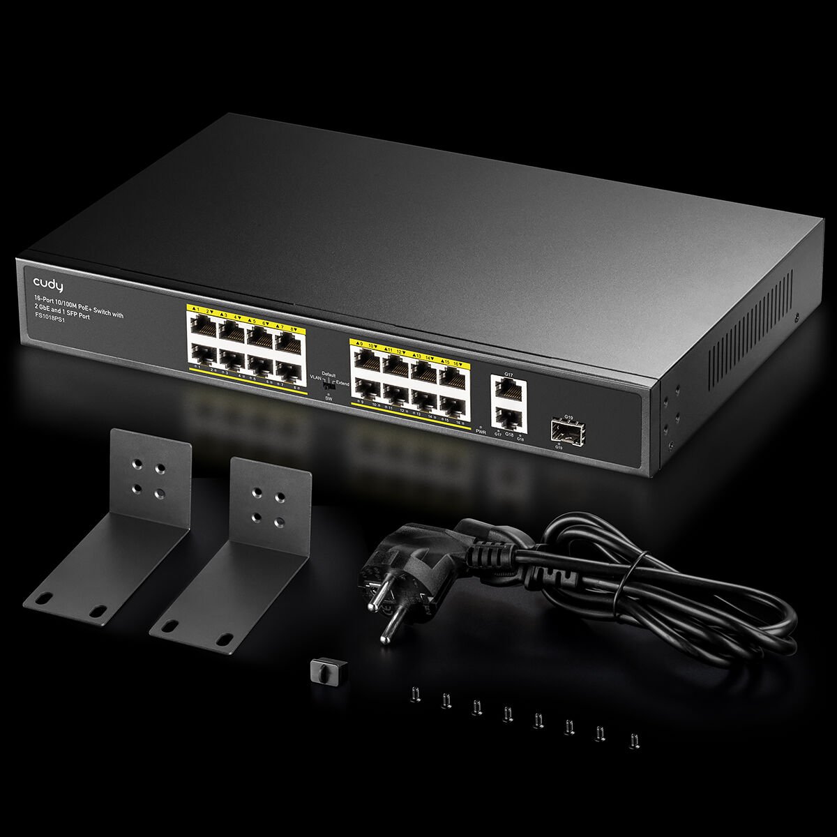 CUDY FS1018PS1 18 Port Mbit 16 Port PoE+ 200W 2xGbit+1xSFP Uplink Rackmount Yönetilemez Metal Kasa Switch