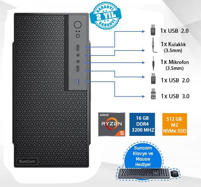 SUNCOM Force SC3-175 Ryzen 5 PRO 5650G 16GB 512GB SSD O/B DOS Masaüstü PC Wi-Fi