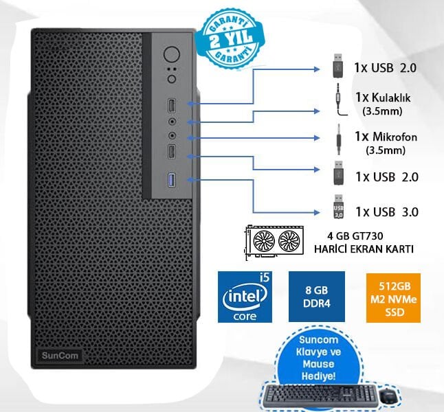 SUNCOM Business SC3-B02 i5-11400F 8GB 512GB SSD 4gb GT730 DOS Masaüstü PC Wi-Fi