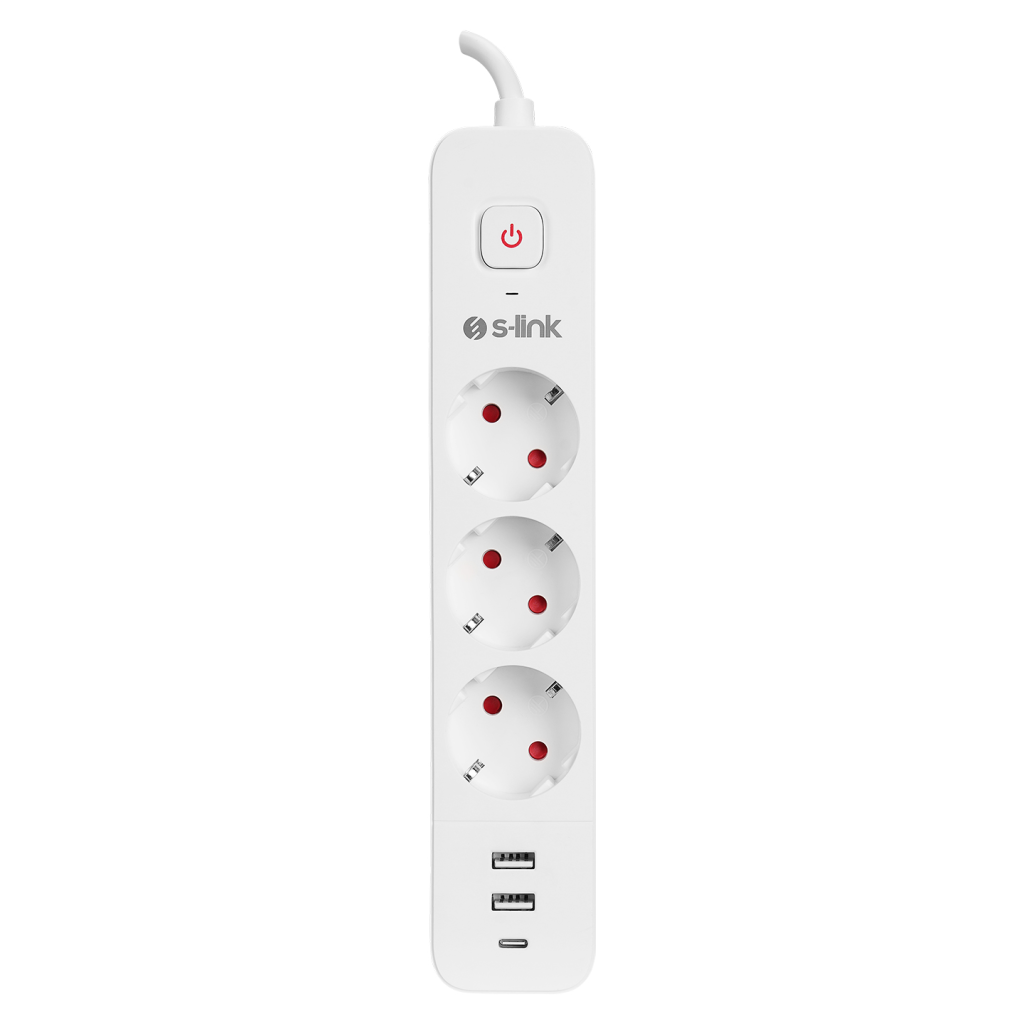 S-LINK SPG03TC, 3 Soket, Akım Korumalı Priz, 1x Type-C, 2xUSB 5V 4A, 1.5Mt %100 Bakır 1mm Kablo, 750 Joule (Beyaz)