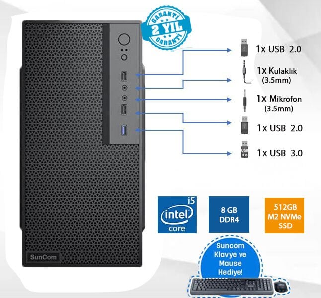 SUNCOM Force SC3-179 i5-9400 8GB 512GB SSD O/B DOS Masaüstü PC Wi-Fi
