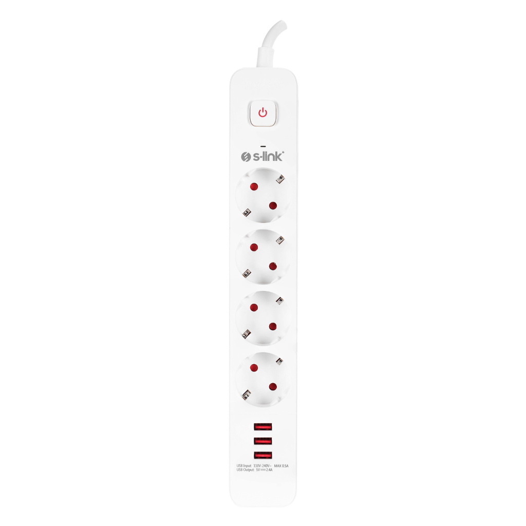S-LINK SPG403U, 4 Soket, Akım Korumalı Priz, 3xUSB 5V 2.4A, 1.5Mt %100 Bakır 1.5mm Kablo, 750 Joule (Beyaz)