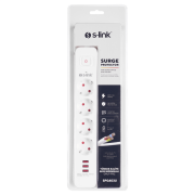 S-LINK SPG403U, 4 Soket, Akım Korumalı Priz, 3xUSB 5V 2.4A, 1.5Mt %100 Bakır 1.5mm Kablo, 750 Joule (Beyaz)