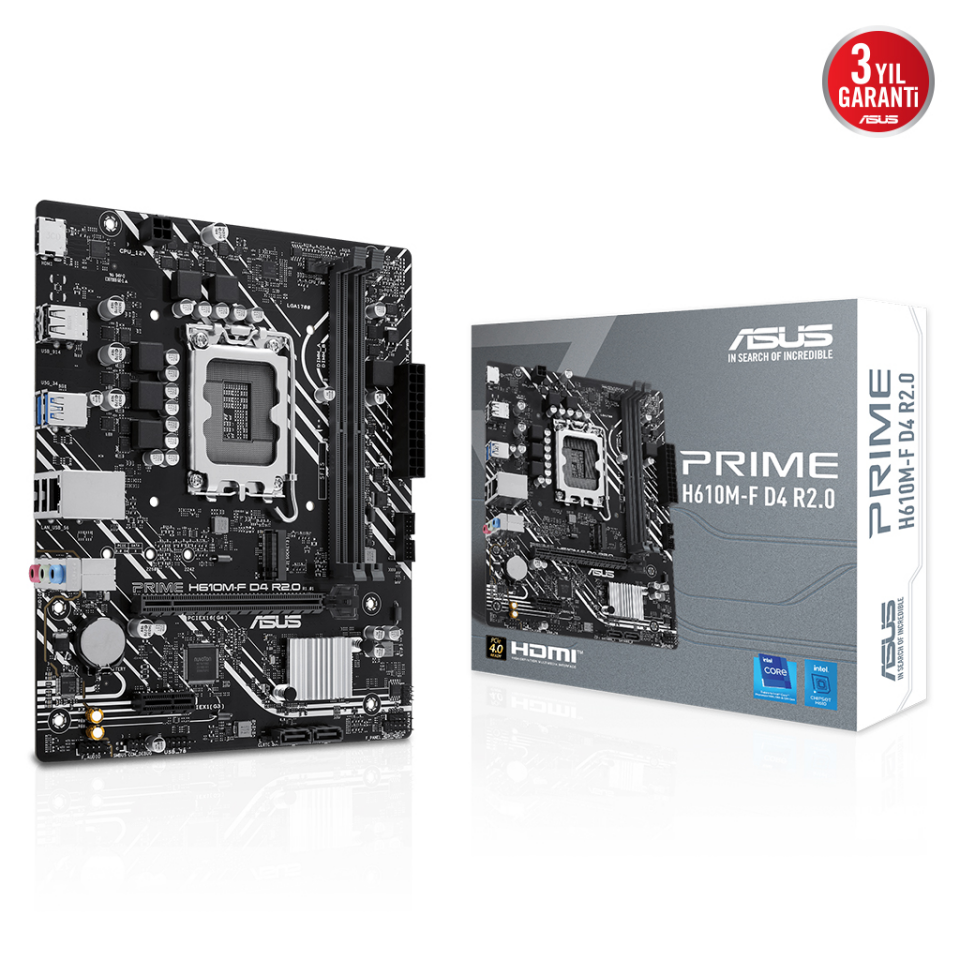 ASUS PRIME H610M-F D4 R2.0, 2xDDR4, M.2, HDMI, 12-13.14.Nesil, LGA1700 Soket, Anakart