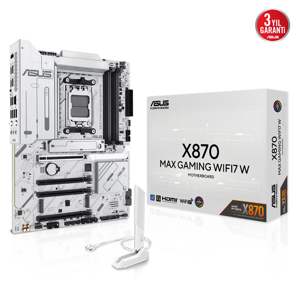 ASUS X870 MAX GAMING WIFI7 W, 4xDDR5, 3xM2, HDMI, DP, Type-C, Wi-Fi 7, Bluetooth v5.3, AM5 Soket GAMING Anakart