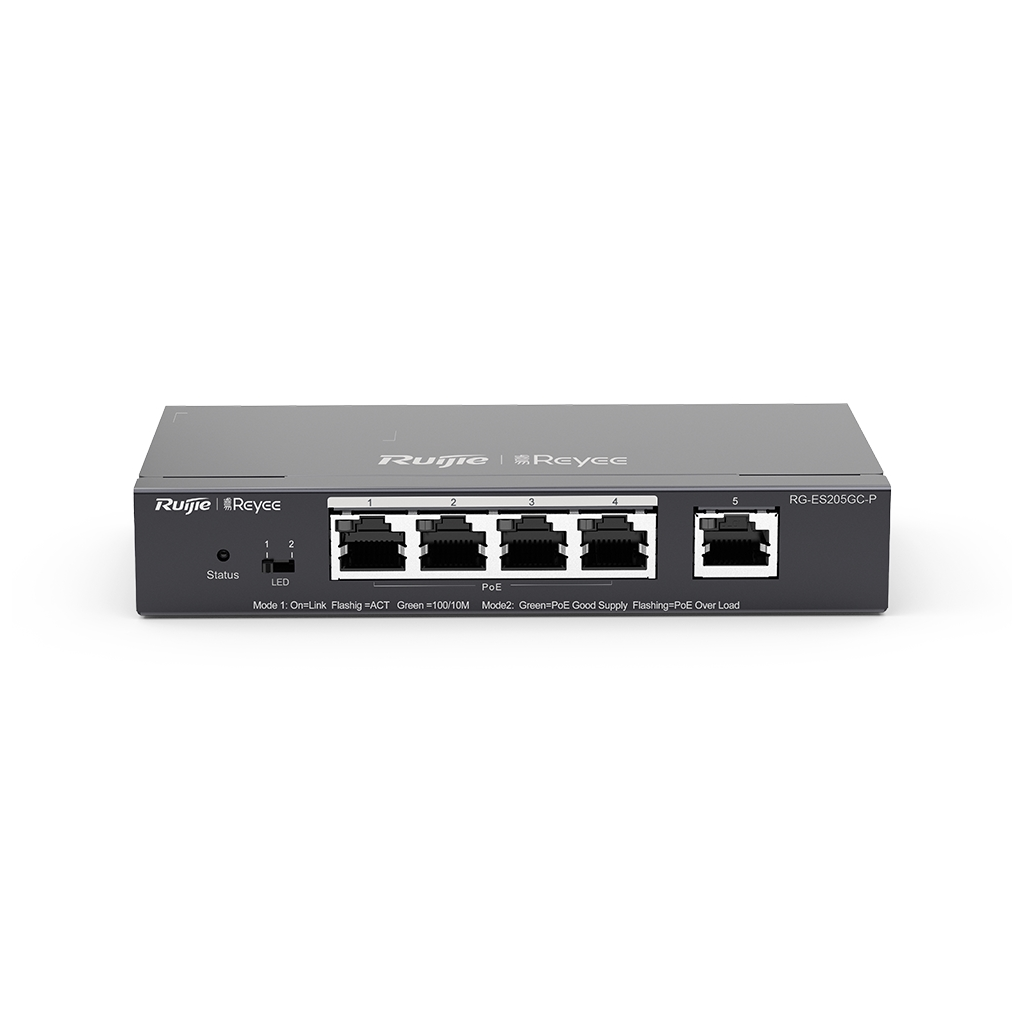 RUIJIE REYEE RG-ES205GC-P, 5 Port GigaBit ,4X PoE  54W RUIJIE Colud Yönetilebilir Switch  Metal Kasa