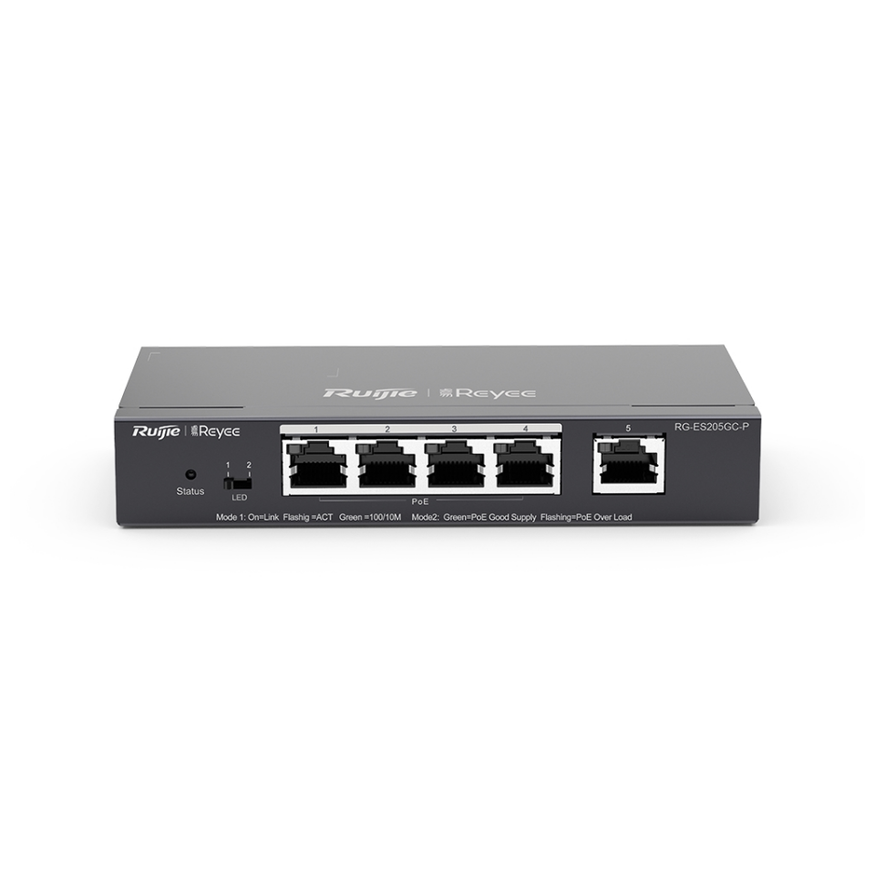 RUIJIE REYEE RG-ES205GC-P, 5 Port GigaBit ,4X PoE  54W RUIJIE Colud Yönetilebilir Switch  Metal Kasa