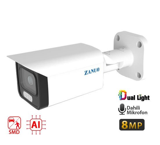 ZANUO ZN-IPC-B3811E-ZAS-L 8MP 2.7-13.5MM DUAL LİGHT+SMD+AI BULLET IP KAMERA ( Dahili Mikrofon)
