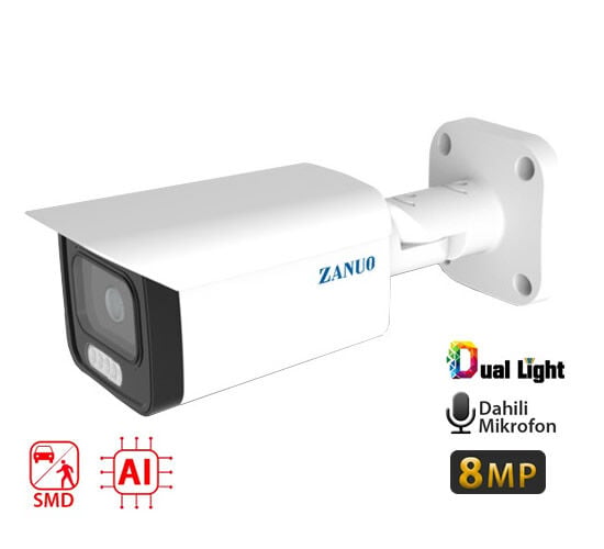 ZANUO ZN-IPC-B3811E-ZAS-L 8MP 2.7-13.5MM DUAL LİGHT+SMD+AI BULLET IP KAMERA ( Dahili Mikrofon)