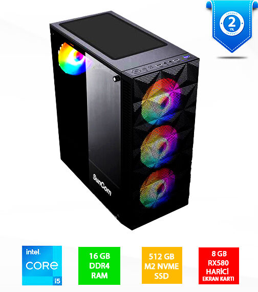 SUNCOM Gaming SG1-126 i5-12400F 16GB 512GB SSD 8gb RX580 DOS Masaüstü Oyun Bilgisayarı