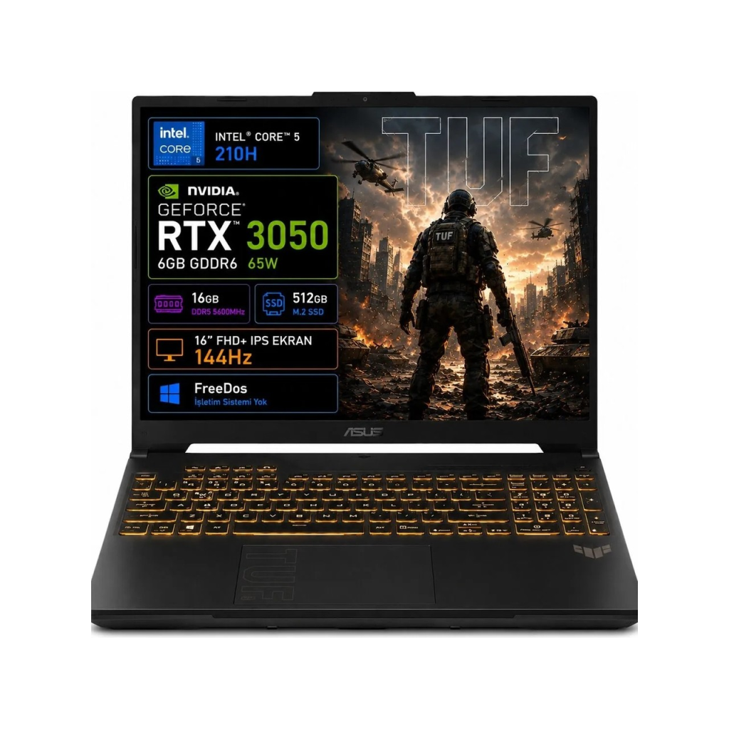 ASUS Tuf Gaming F16, FX607VJB-RL037, Core 5-210H, 16" FHD, 144Hz IPS, 16Gb Ram, 512Gb SSD, 6GB RTX3050 Ekran Kartı, Free Dos, GAMING Notebook.