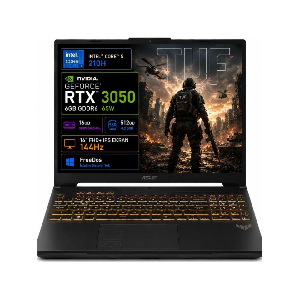 ASUS Tuf Gaming F16, FX607VJB-RL037, Core 5-210H, 16'' FHD, 144Hz IPS, 16Gb Ram, 512Gb SSD, 6GB RTX3050 Ekran Kartı, Free Dos, GAMING Notebook.