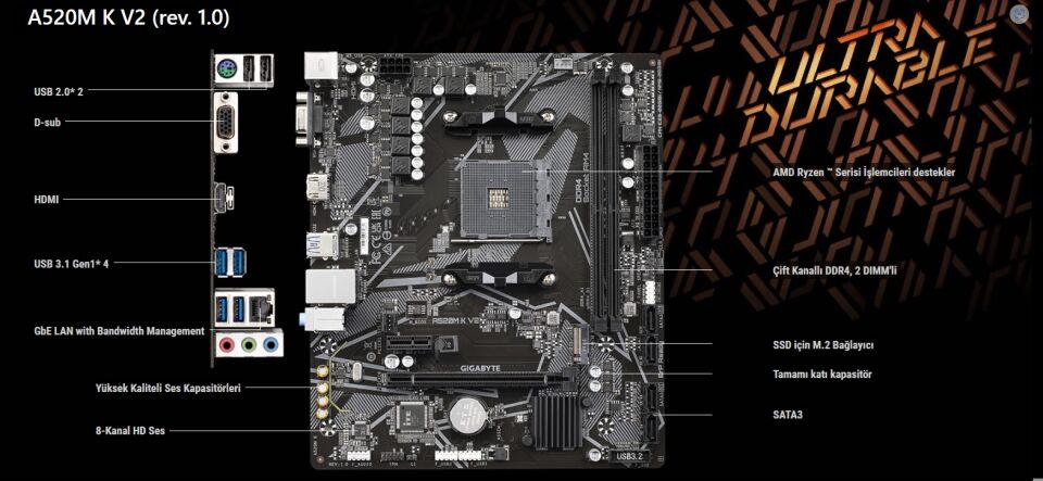 GIGABYTE A520M K V2 1.0 A520 DDR4 Vga GLan mATX HDMI M2 USB3.1 AM4 AMD Anakart