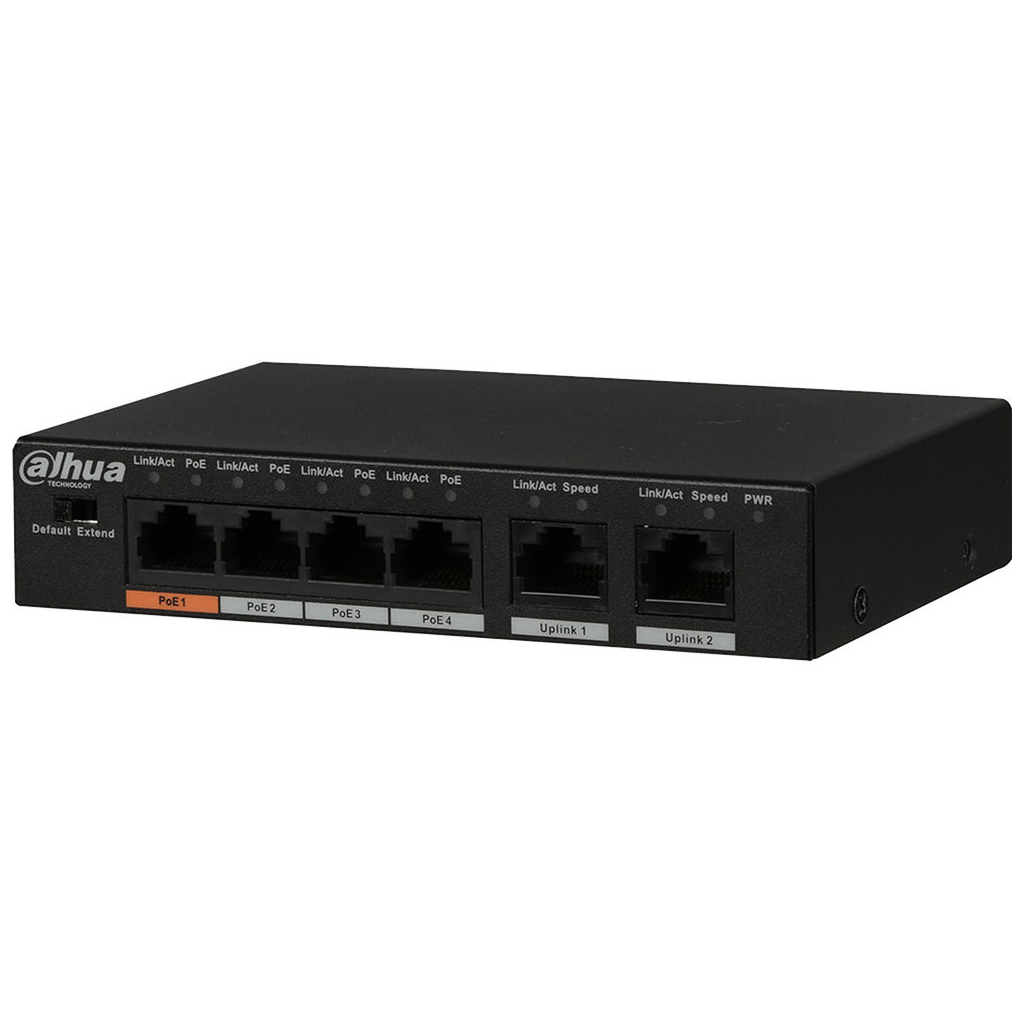 DAHUA PFS3006-4ET-60-V2, 4 Port, Megabit, PoE 60W, 2 Port Uplink, Yönetilemez, Masaüstü Switch