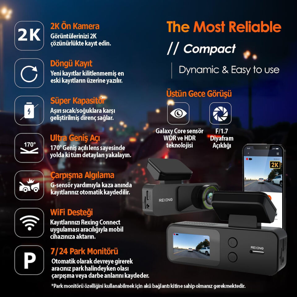 REXING V1 LITE 2K WIFI ARAC KAMERASI + 32GB SD KAR