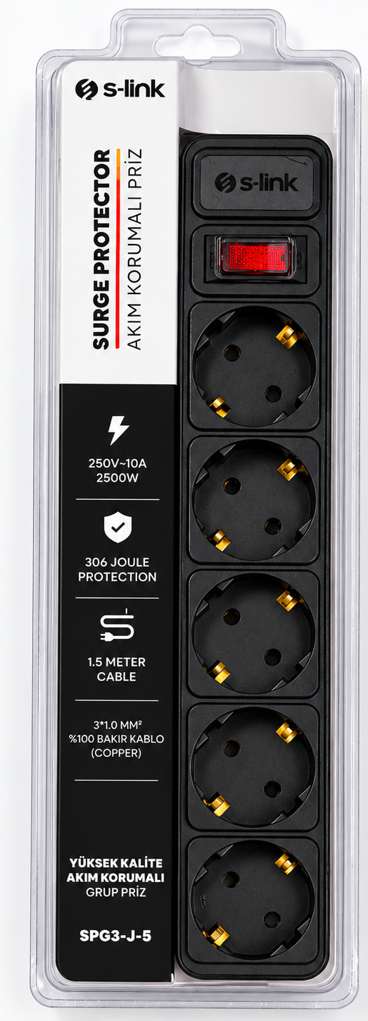 S-LİNK SPG3-J-5 5 Lİ 1.5MT 306Joule AKIM KORUYUCULU PRİZ