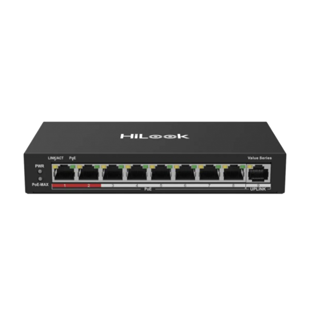 HILOOK NS-0109P-60(B), 8 Port, Megabit, PoE 60W, 1 Port Megabit Uplink, Long Range 250Metre, Yönetilemez, Masaüstü Switch