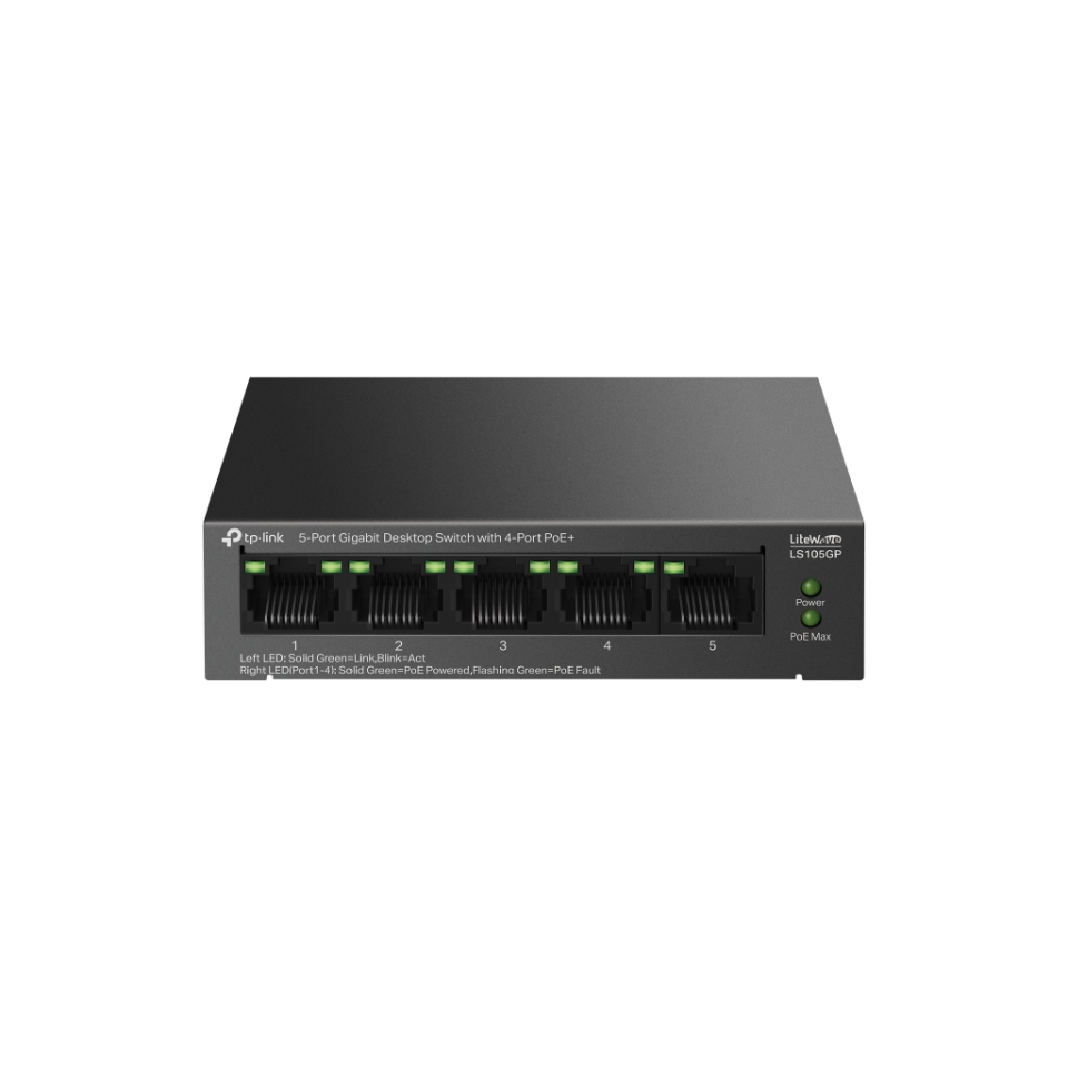 TP-LINK LS105GP, Green Tech, 5 Port, GigaBit, 4 Port PoE 65W, Metal Kasa, Yönetilemez, Masaüstü Switch