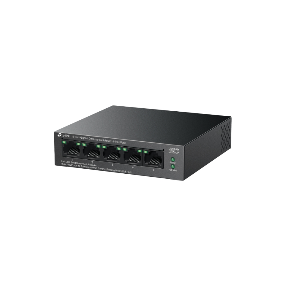 TP-LINK LS105GP, Green Tech, 5 Port, GigaBit, 4 Port PoE 65W, Metal Kasa, Yönetilemez, Masaüstü Switch