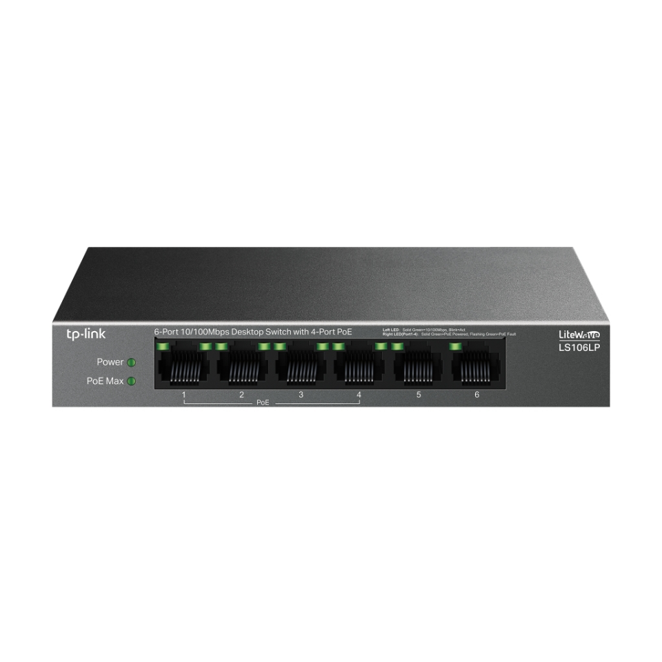TP-LINK LS106LP, Green Tech, 6 Port, MegaBit, 4 Port PoE 41W, Metal Kasa, Yönetilemez, Masaüstü Switch