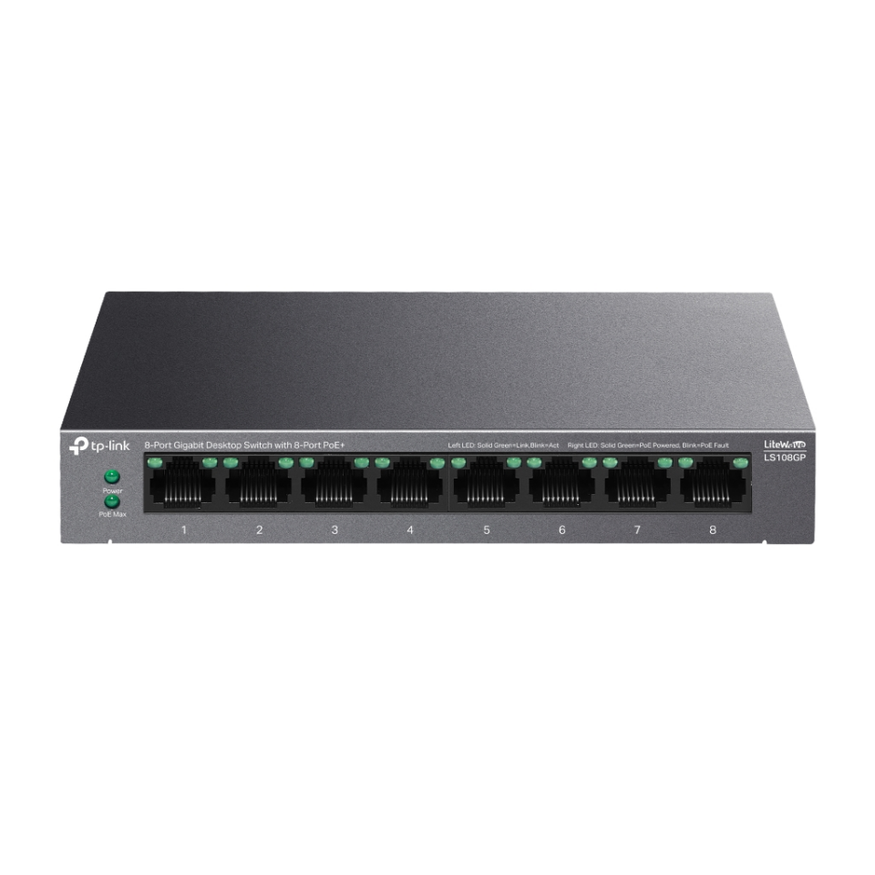 TP-LINK LS108GP, Green Tech, 8 Port GigaBit, PoE 62W, Yönetilemez, Metal Kasalı Switch