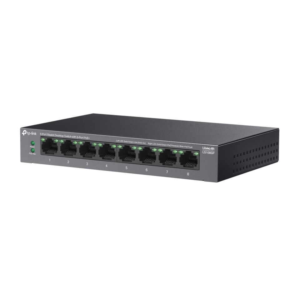 TP-LINK LS108GP, Green Tech, 8 Port GigaBit, PoE 62W, Yönetilemez, Metal Kasalı Switch