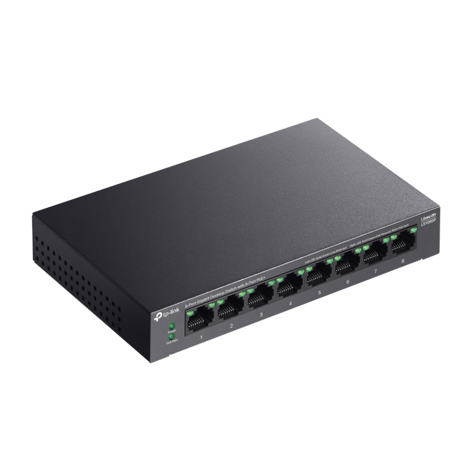 TP-LINK LS108GP, Green Tech, 8 Port GigaBit, PoE 62W, Yönetilemez, Metal Kasalı Switch