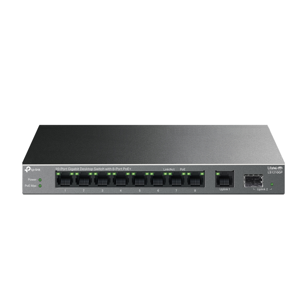 TP-LINK LS1210GP, Green Tech, 8 Port Gigabit, PoE 61W, 1 Port Gigabit Uplink, 1 Port Gigabit SFP, Yönetilemez Masaüstü Switch
