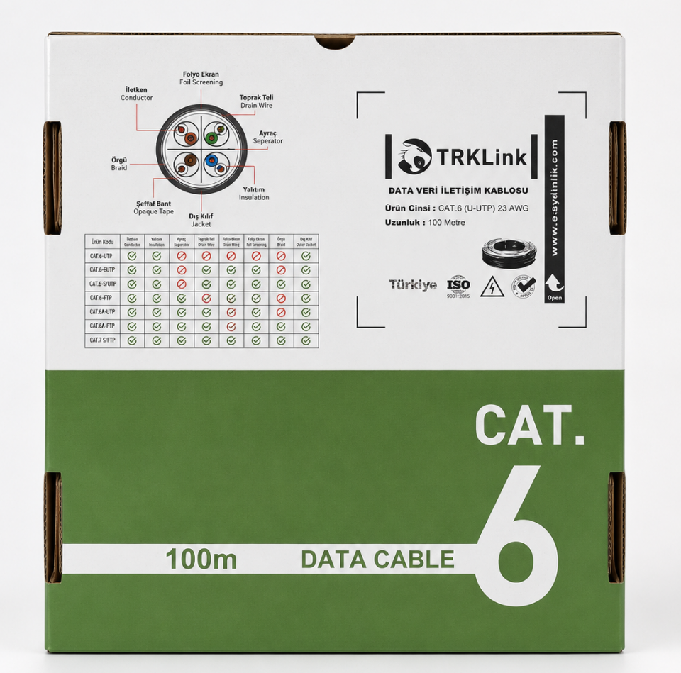 TRKLink CAT6 4x2x23AWG U/UTP CCA KABLO 100MT KUTU PVC