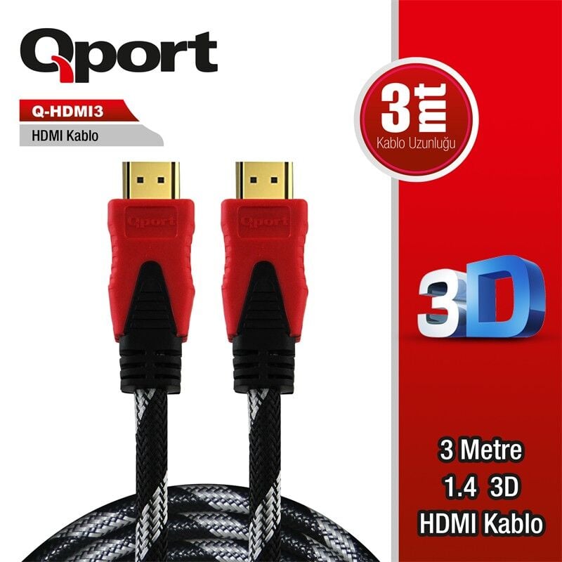 QPORT Q-HDMI3 3 METRE ALTIN UÇLU HDMI KABLO 1.4V