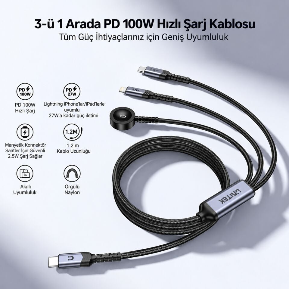UNITEK USB-C 3' U 1 ARADA 100 W HIZLI SARJ KABLOSU 1.2M (C14180AGY01-1.2M)