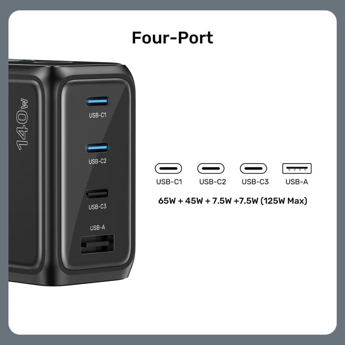 UNITEK REXO 140W 4 PORTLU AKILLI EKRANLI GAN SARJ CİHAZI  (P1132ABK01-EU)